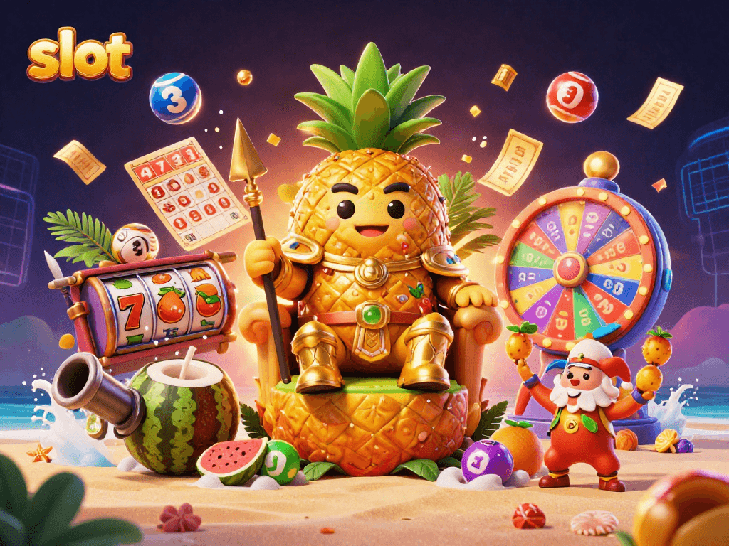 Experience the excitement of slot gameplay with a vibrant beach casino scene.