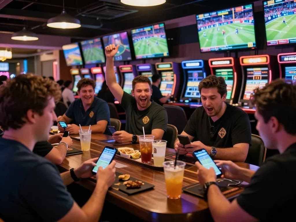 F168 sports fans placing bets in an energetic casino with multiple screens
