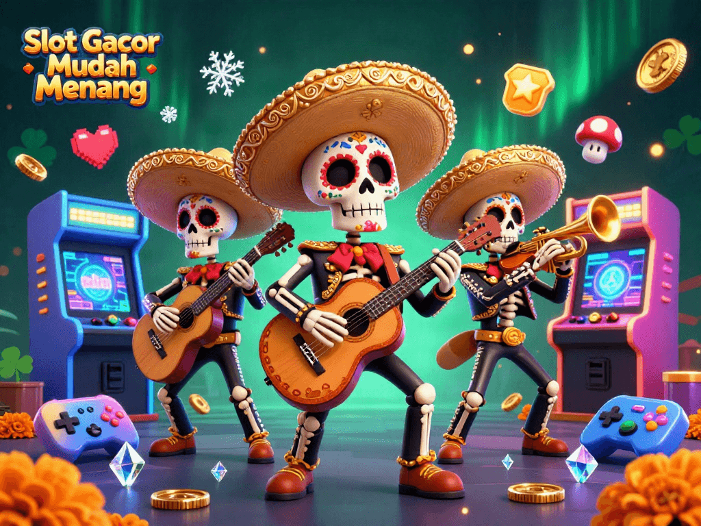 Menangkan Slot Gacor Mudah Menang dengan ilustrasi trio mariachi yang menarik dalam suasana penuh warna.