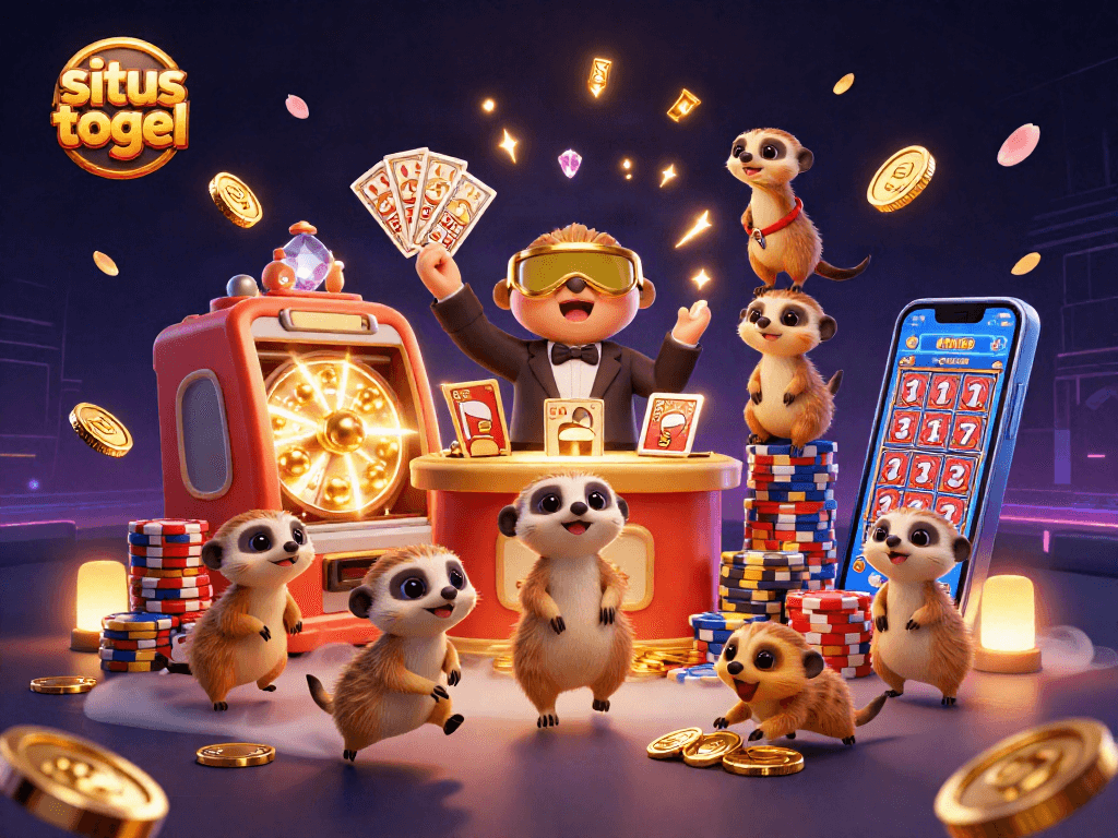 Menangkan situs togel dengan ilustrasi 3D lucu meerkat menjalankan mesin lotere yang megah.