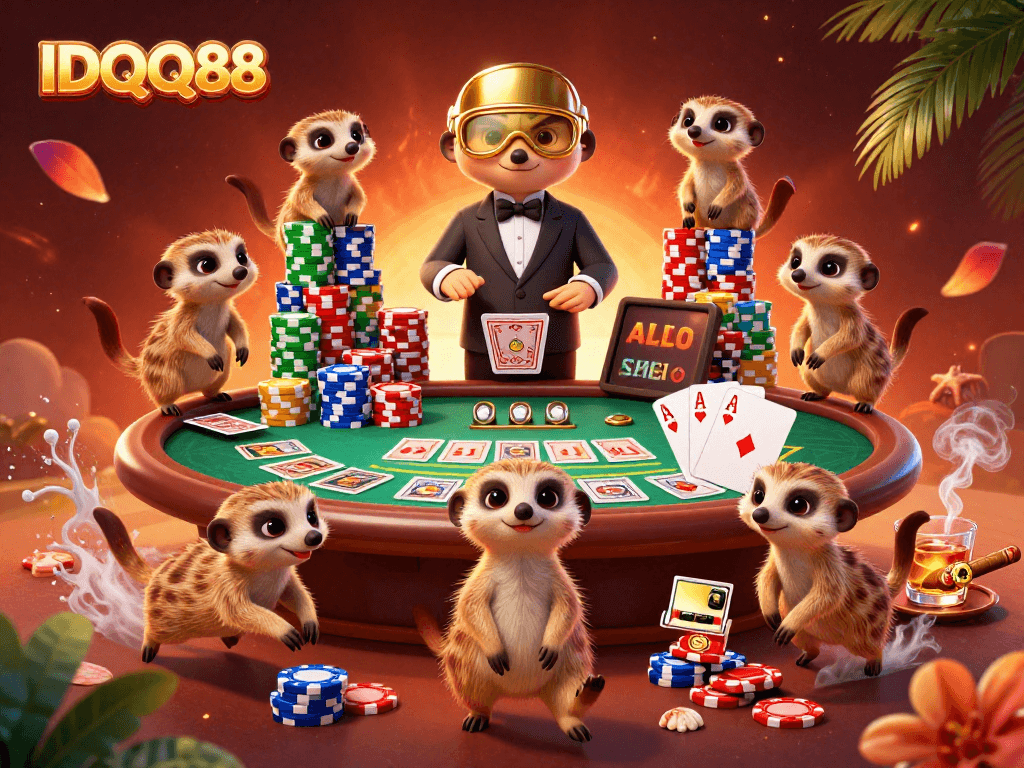 Engage in thrilling poker at IDQQ88 with colorful meerkat dealers, chips, and cards.