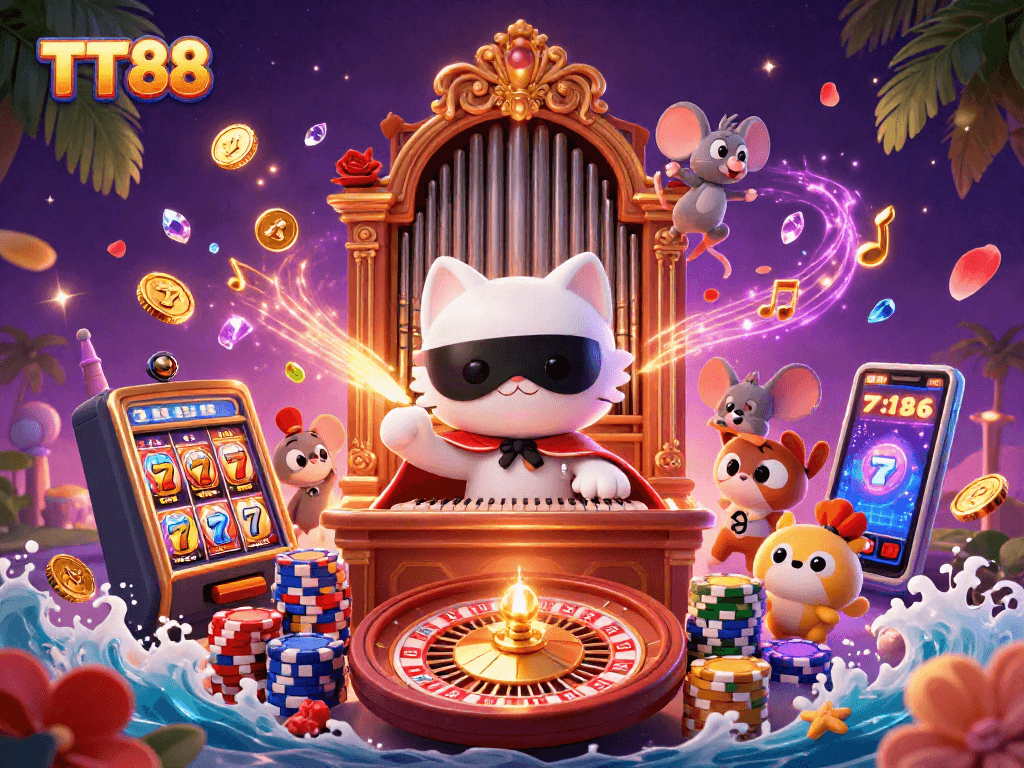 Experience thrilling games at TT88 casino with a vibrant illustration of slot machines and casino ambiance.