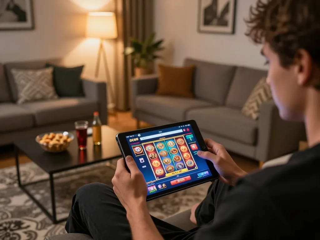 Player enjoying an exciting session on SC88 mobile app, showcasing colorful slot visuals and relaxed home atmosphere.