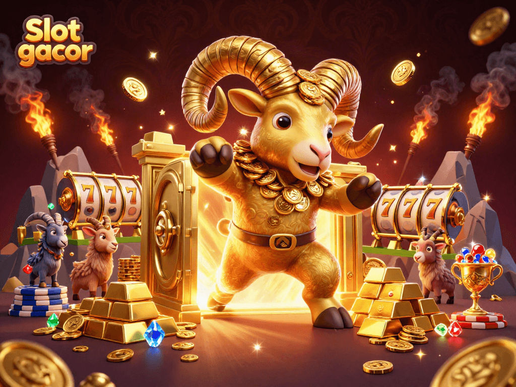 Permainan Slot gacor dengan domba emas yang megah dan tumpukan koin, suasana ceria dalam kasino