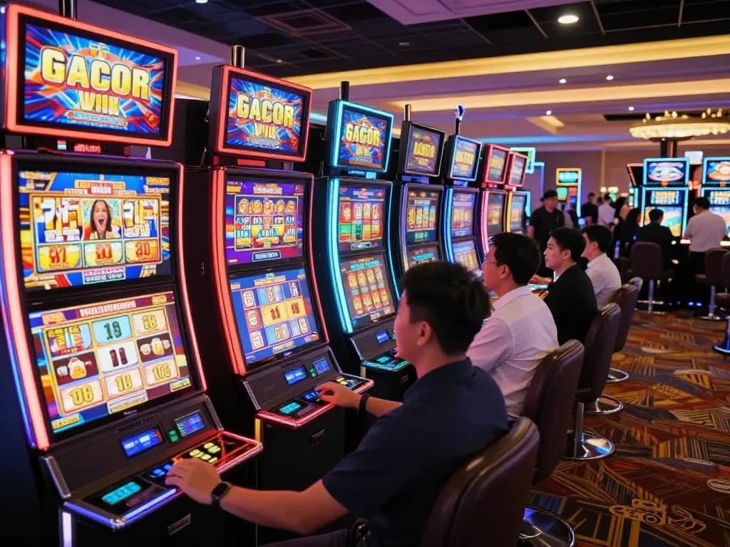 Experience the excitement of hitting a slot gacor win in a bustling casino, with vibrant machines and engaged players.