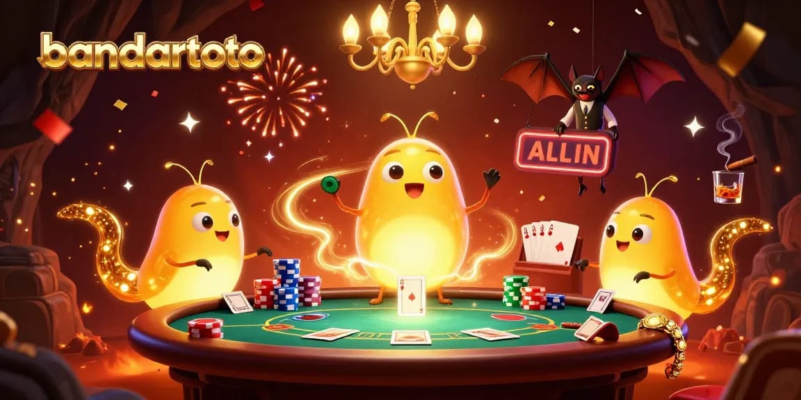 Experience the thrill at bandartoto with glowworms lighting the poker scene, featuring vibrant game elements.