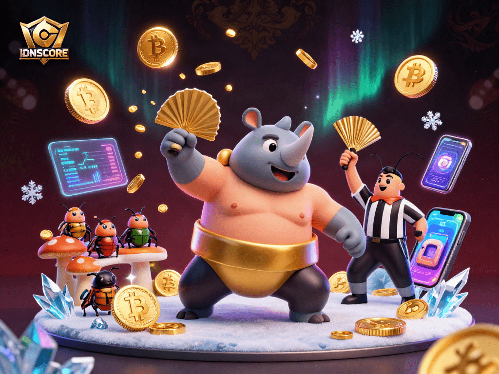 IDNSCORE empowers players in a vibrant scene with a sumo beetle champion amidst flying coins and blockchain elements.