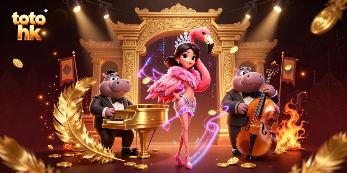 Menangkan toto hk dengan ilustrasi kasino 3D penuh warna yang menggambarkan penyanyi flamingo dan hippo bassist.