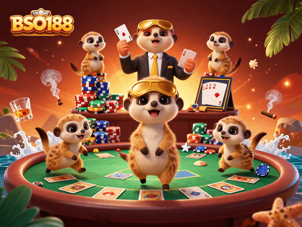 Experience the vibrant gaming atmosphere with BSO188 featuring lively meerkats at a dynamic casino.