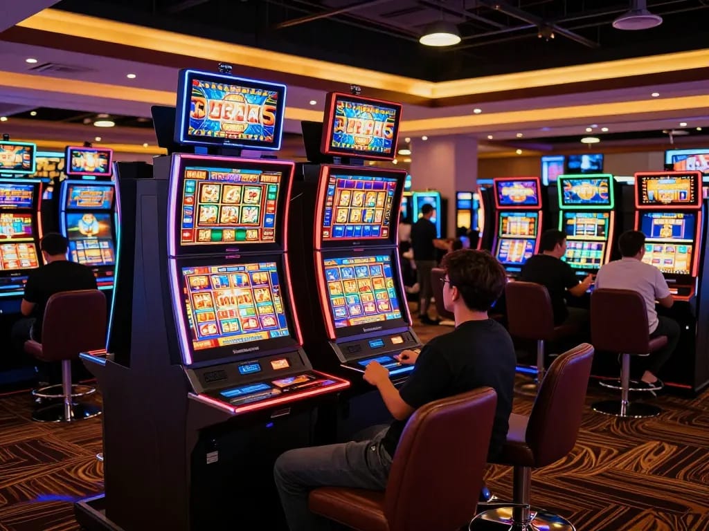 Players enjoying engaging slot gameplay at a lively casino with vibrant machines and chance to win.