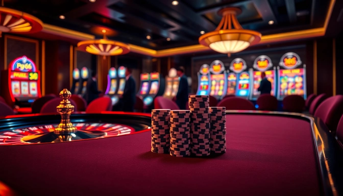 Players enjoying high-stakes games at PG66 casino tables, featuring poker chips and a roulette wheel.