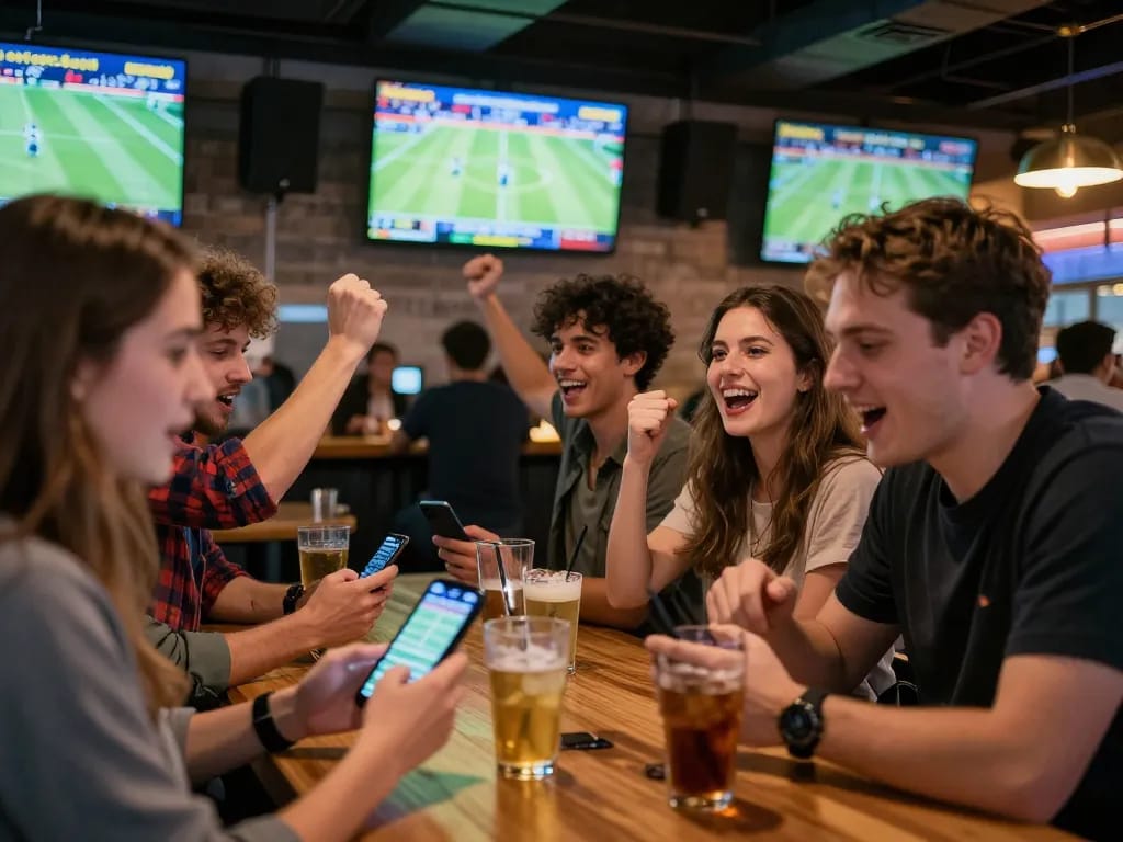 Engaged fans celebrating their kaisar888 login success while placing bets during a key sports event.