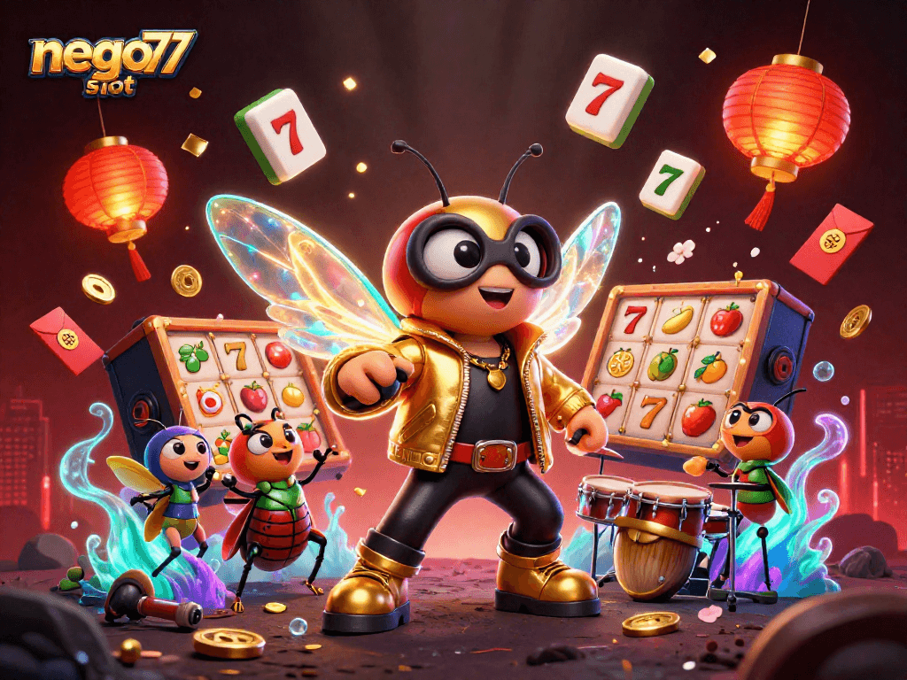 Engage in the excitement of nego77 slot with a dazzling 3D scene of a rock star cicada and vibrant casino elements.