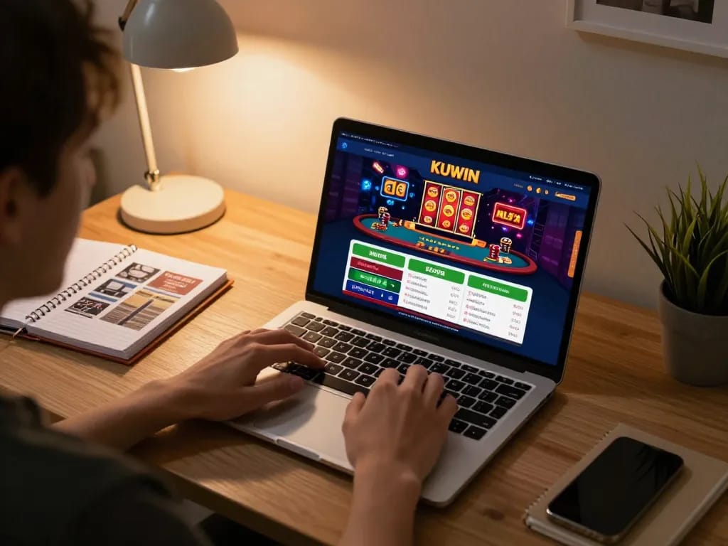 Kuwin player engaging with online casino games in a cozy home office, showcasing gaming interface.