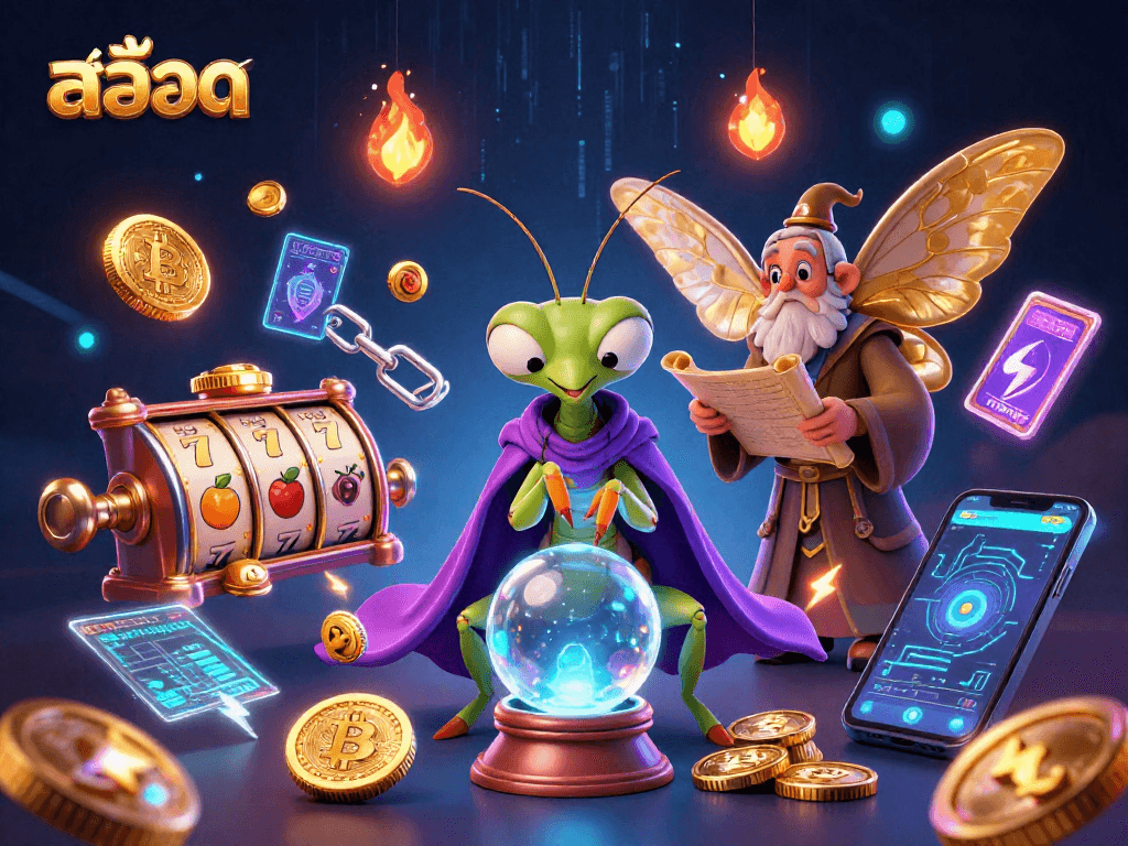 Engage with สล็อต themes through vibrant casino graphics showcasing dynamic slot reels and mystical fortune-telling elements.