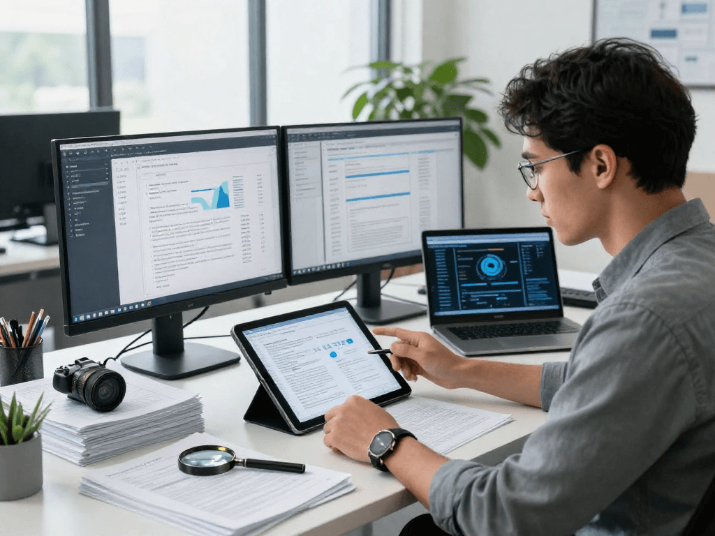 Analyzing document fraud detection in a modern office with advanced security tools and analytics.