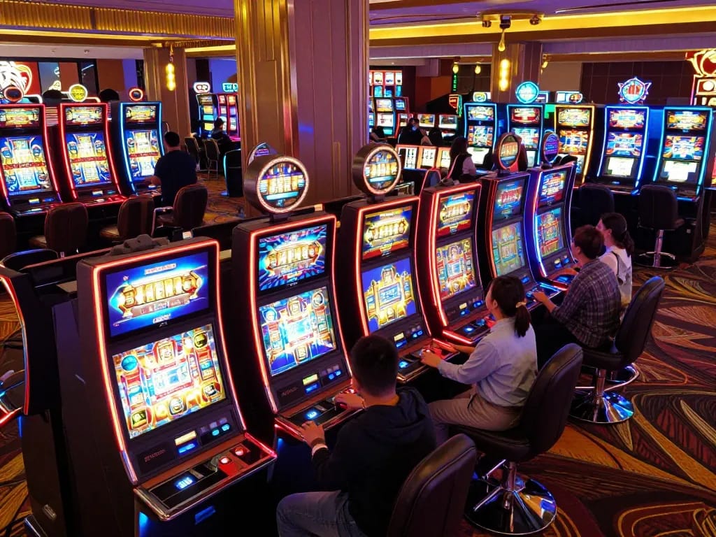 Players spinning slots at vibrant machines in a lively casino atmosphere