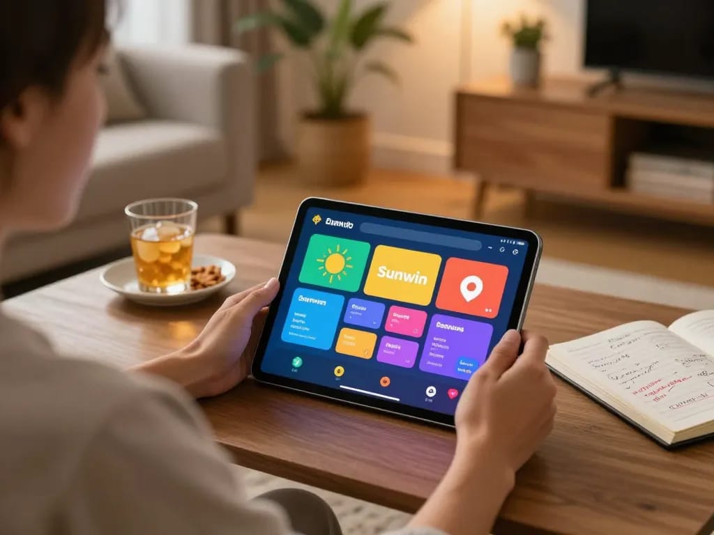 Engaging in online gambling with the sunwin app on a cozy tablet setup, promoting responsible gaming.