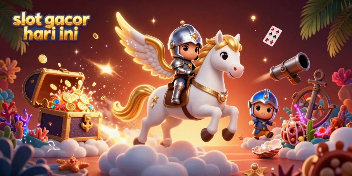 Experience the thrill of slot gacor hari ini with this dynamic illustration featuring a gallant knight on a celestial steed amidst treasure-rich casino elements.