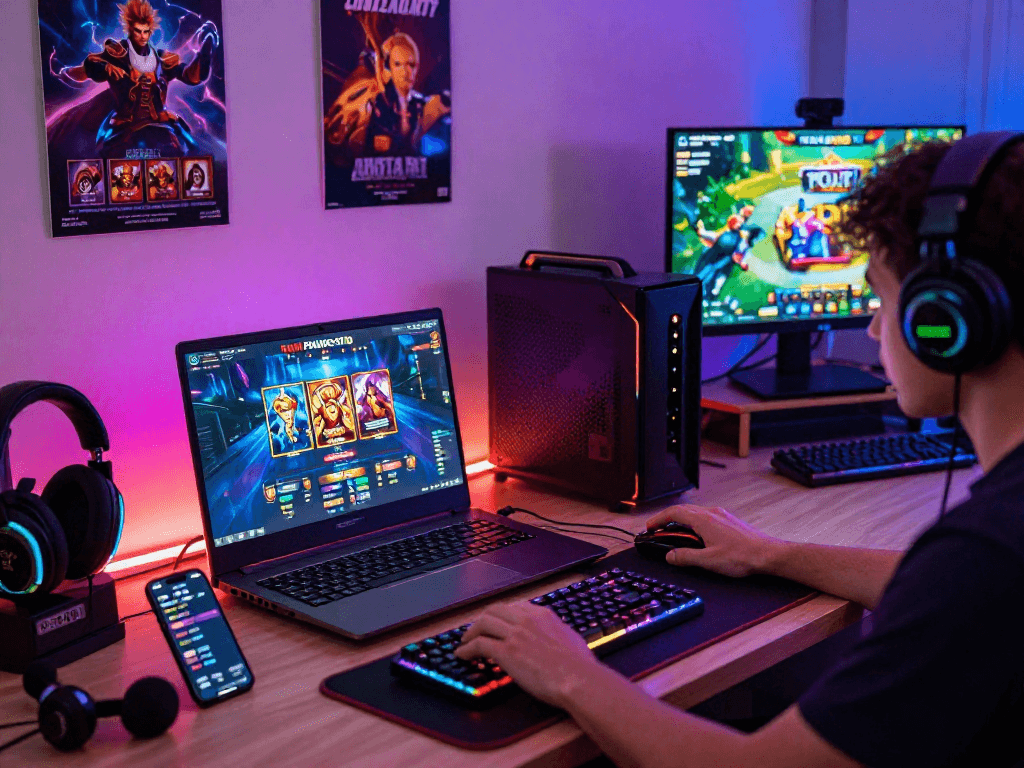Engaging gamer enjoying the latest situs slot games on PAKHOKI platform, surrounded by gaming gear