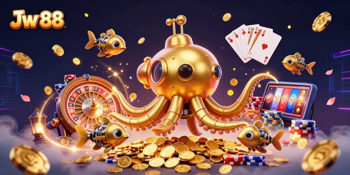 Experience thrilling gameplay at Jw 88, featuring a golden kraken submarine amid cascading coins and vibrant casino elements.