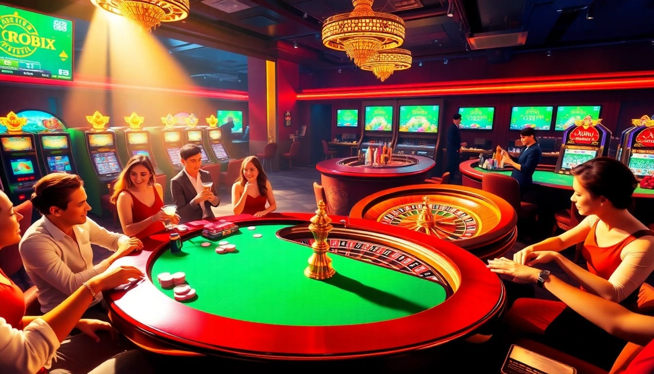 Experience the vibrant excitement of gambling at https://go8.live/ with a luxurious casino scene featuring card tables and roulette wheels.