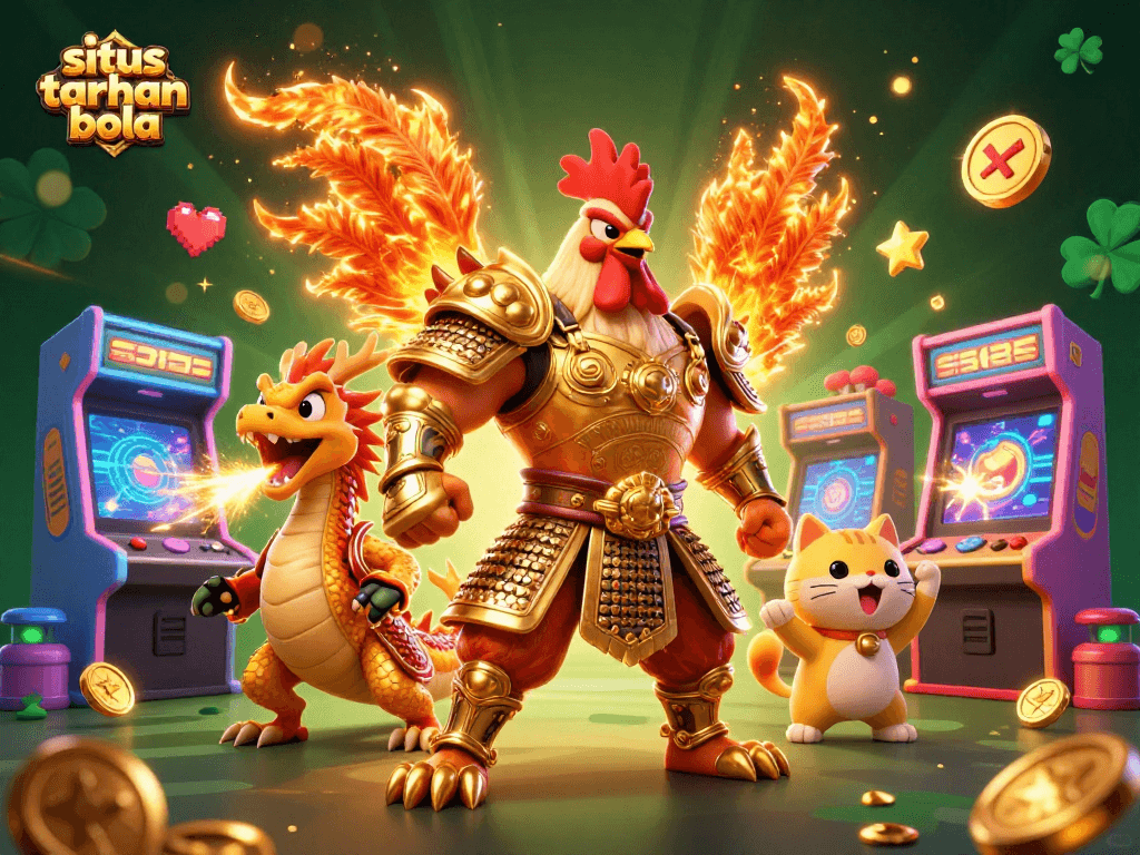 Bettors enjoy the situs taruhan bola experience amidst vibrant characters and game elements in an action-packed 3D illustration.