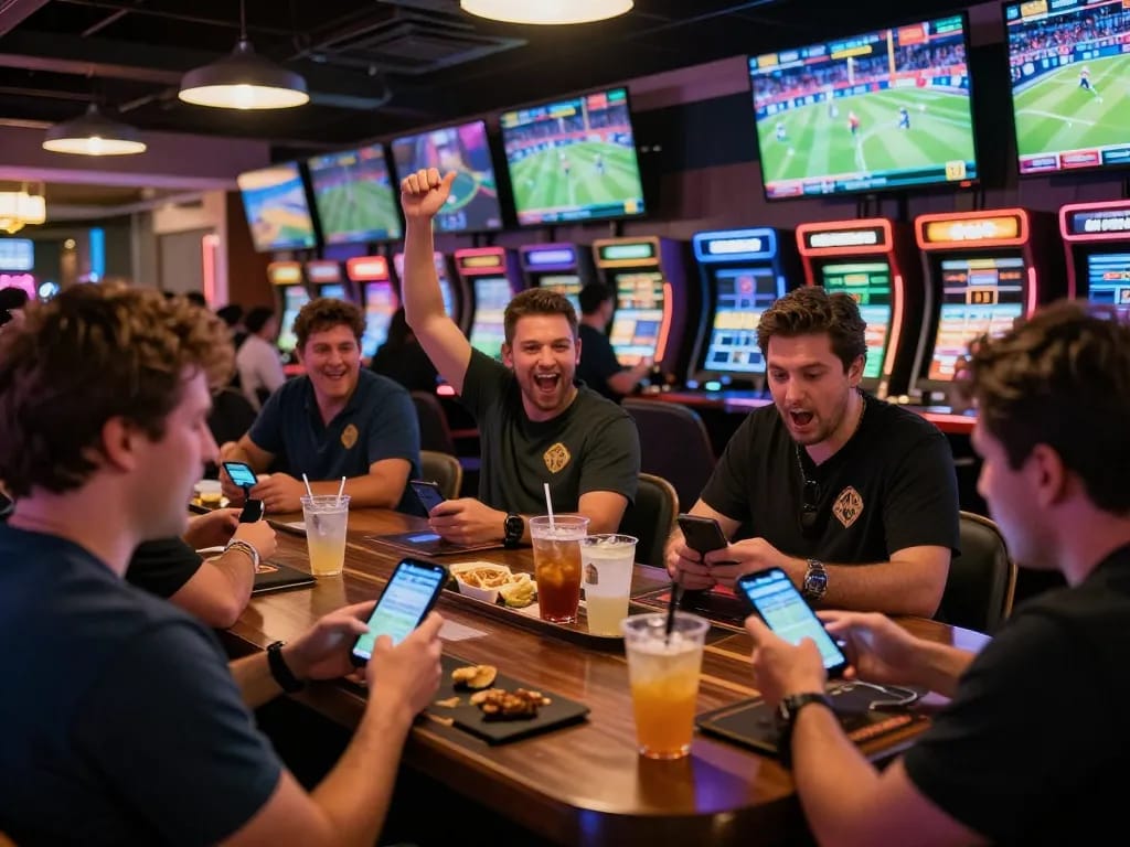 F168 sports fans placing bets in an energetic casino with multiple screens