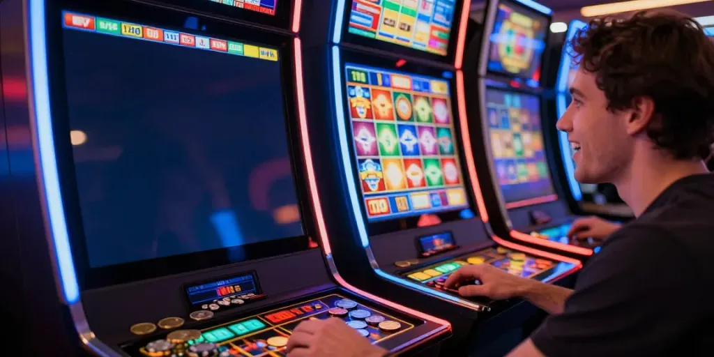 Pengalaman bermain slot online di NAGAHOKI303 dengan simbol berwarna dan suasana ceria.