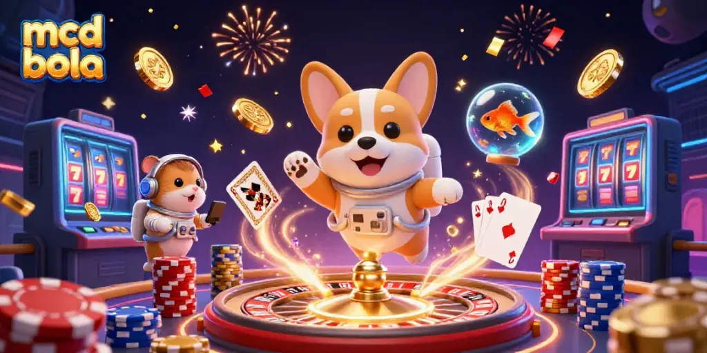 Permainan menarik dengan mcd bola yang dikelilingi koin emas dan kartu poker.