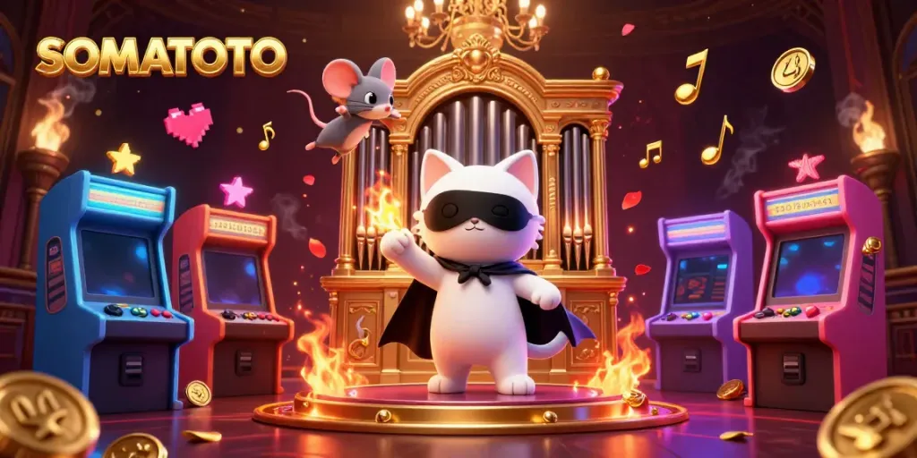 Play games at SOMATOTO with a dynamic scene featuring a casino organ, acrobats, and gaming elements.