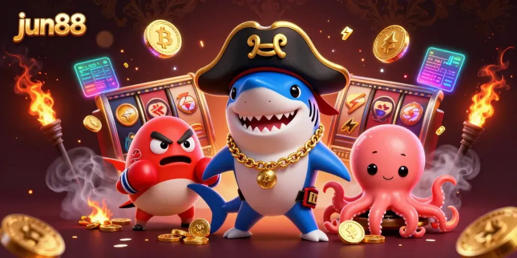 Engage in thrilling gameplay at jun88 with 3D characters like a shark and octopus amidst vibrant casino elements.