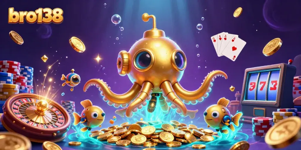 Spin for big wins at bro138 with a golden kraken submarine and dazzling casino elements.