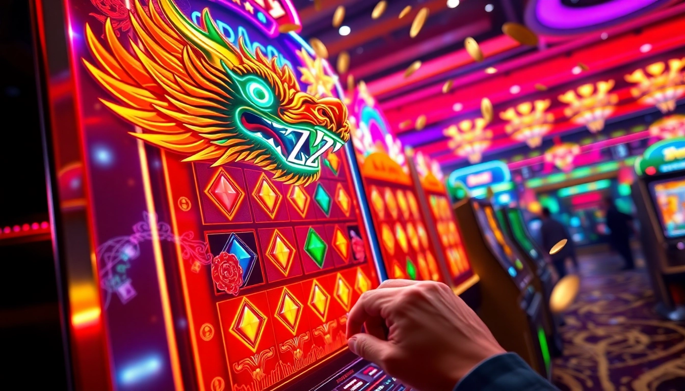 Main attraction of DRAGON222 slot machine with vibrant dragon motifs and energetic casino atmosphere.