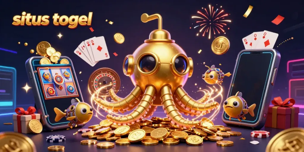 Experience the vibrant world of situs togel with a dynamic 3D scene of colorful games and celebration.