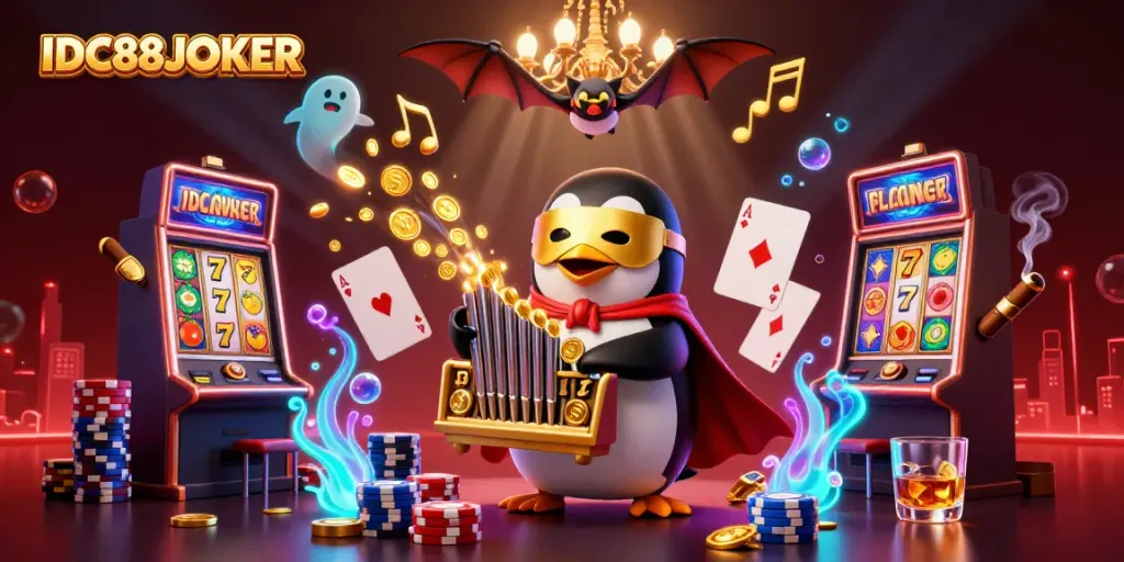 Experience the thrilling world of IDC88JOKER with a vibrant 3D illustration featuring engaging slot and poker elements.