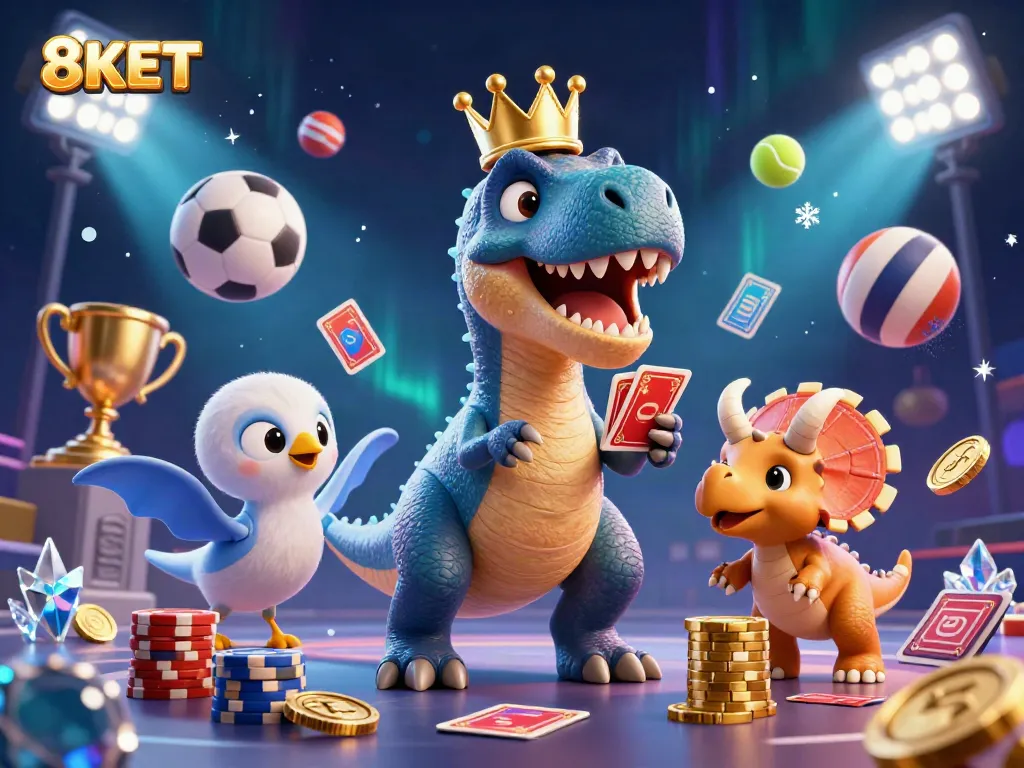 Join the excitement at 8KET with vibrant 3D cartoon characters shuffling cards and stacking chips