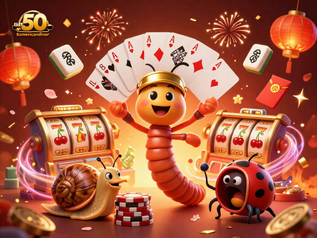 The50samericandiner showcases a vibrant 3D scene of playful characters engaging in exciting slot games.