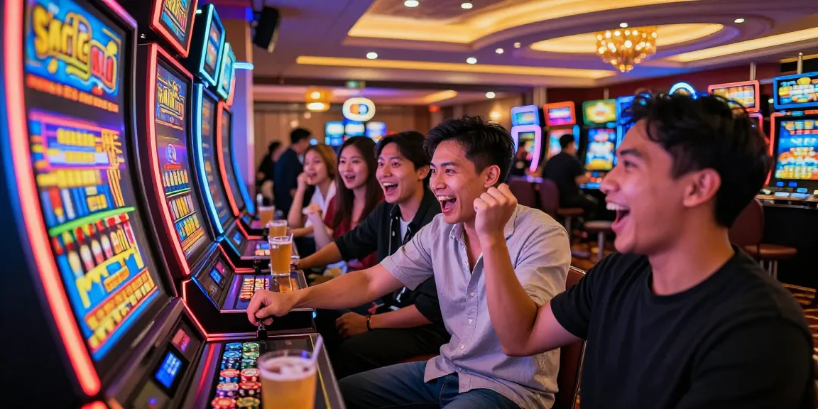 Excited group celebrating at a situs slot machine in a lively casino.