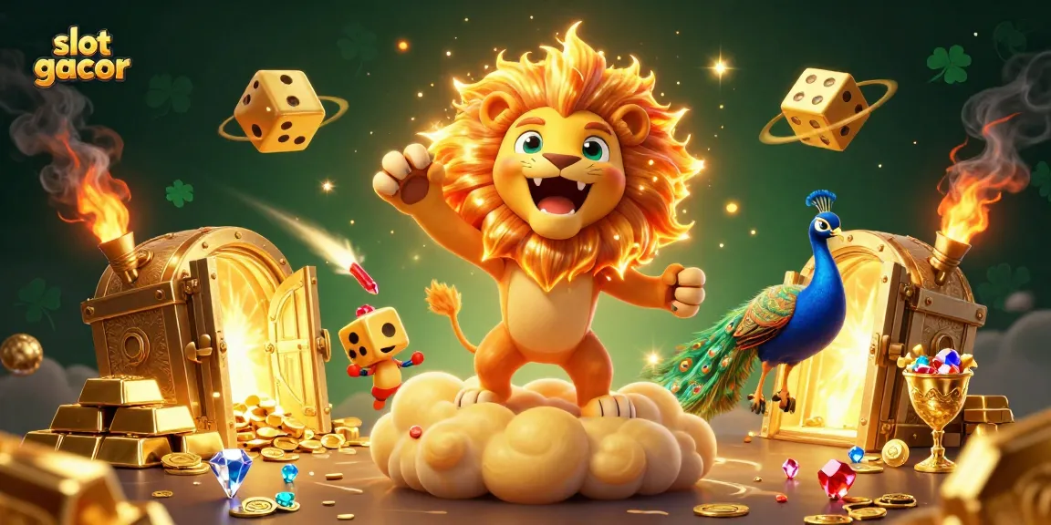 Engage with the thrilling slot gacor scene featuring a roaring lion, golden treasures, and dynamic casino elements.
