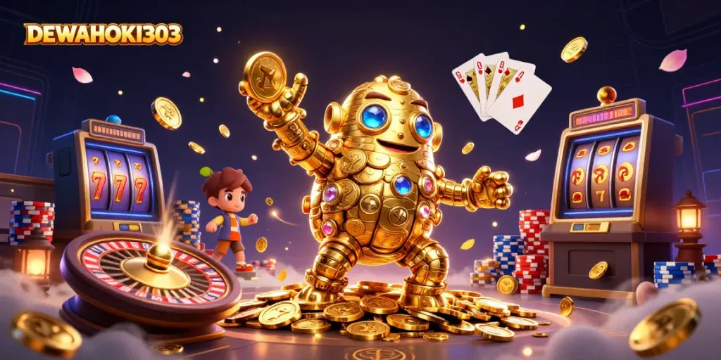 Mainkan mesin slot di DEWAHOKI303 dengan simbol slot yang berkilauan dan koin emas yang melimpah.