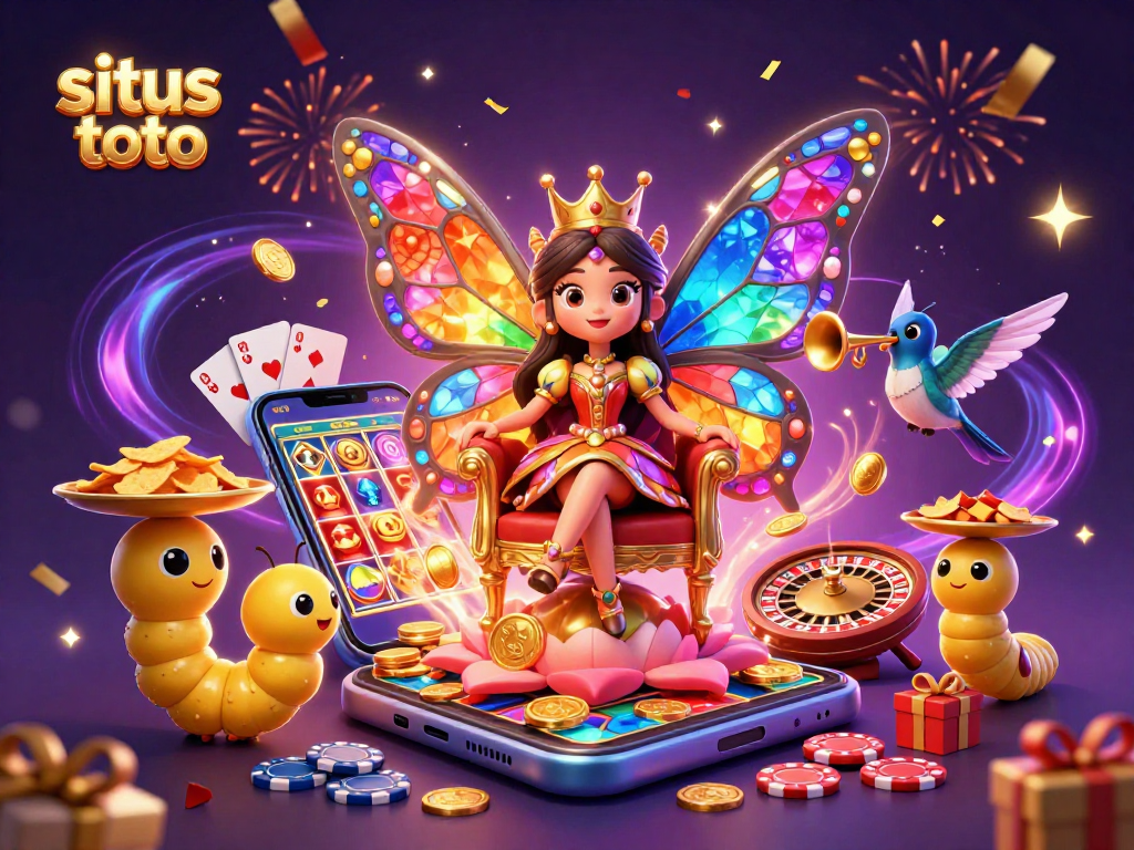 Menghadirkan situs toto dalam ilustrasi 3D kartun kasino yang megah dengan ratu kupu-kupu dan simbol permainan.