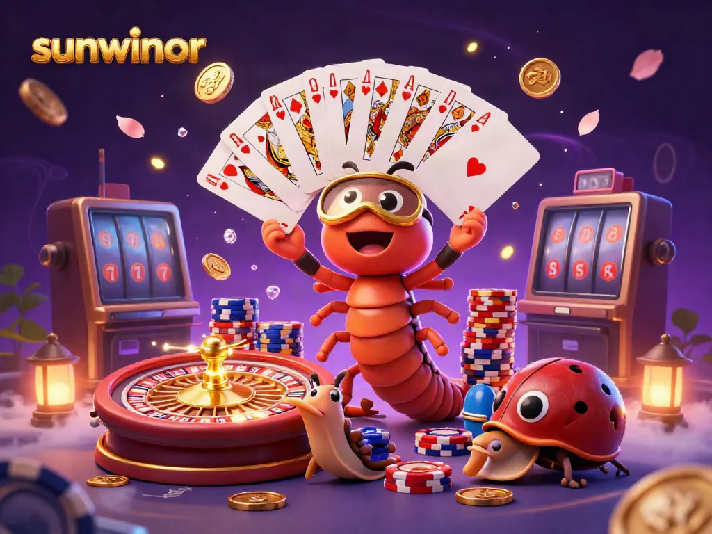 Experience excitement with sunwinor's engaging 3D casino scene, showcasing dynamic characters and vibrant card games.