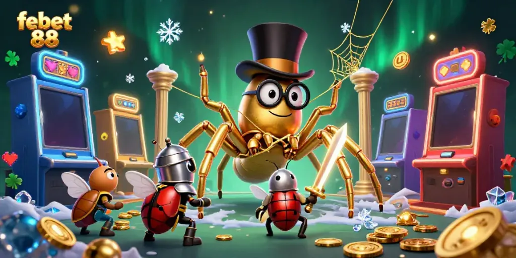 Experience the vibrant world of febet 88 with a golden tarantula weaving fortune at a casino palace.