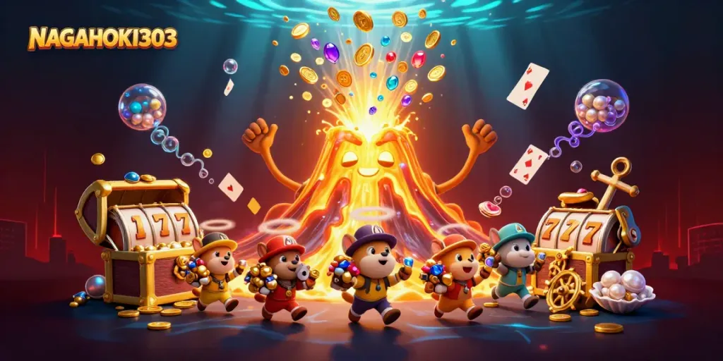 NAGAHOKI303 showcases triumphant volcano with treasures while players engage with online slots.