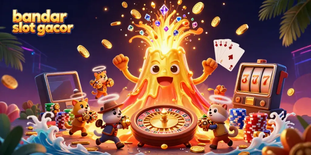 Gambarkan bandar slot gacor yang bertransisi dalam suasana kasino di tengah ledakan harta karun.