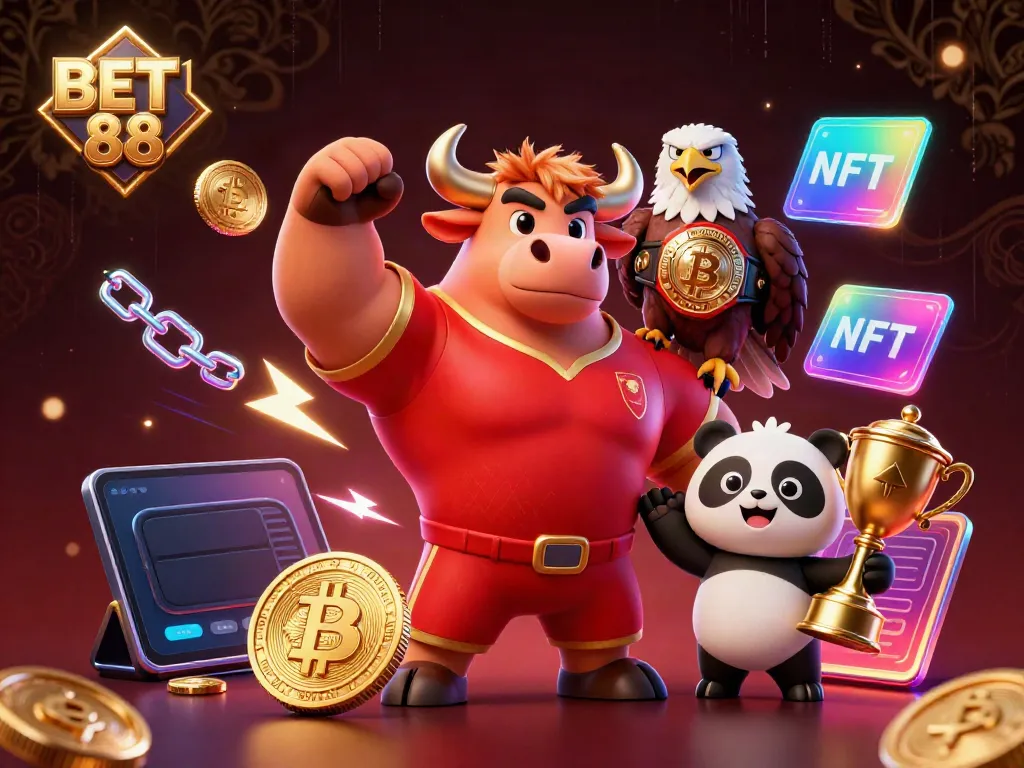 Engage with BET 88's vibrant gaming world featuring a strong bull mascot, eagle, and panda in a lively casino scene.