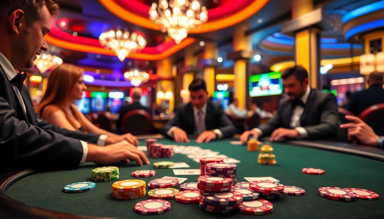 Permainan poker menarik dengan dentoto di meja, menampilkan chip berwarna-warni dan suasana kasino yang glamor.