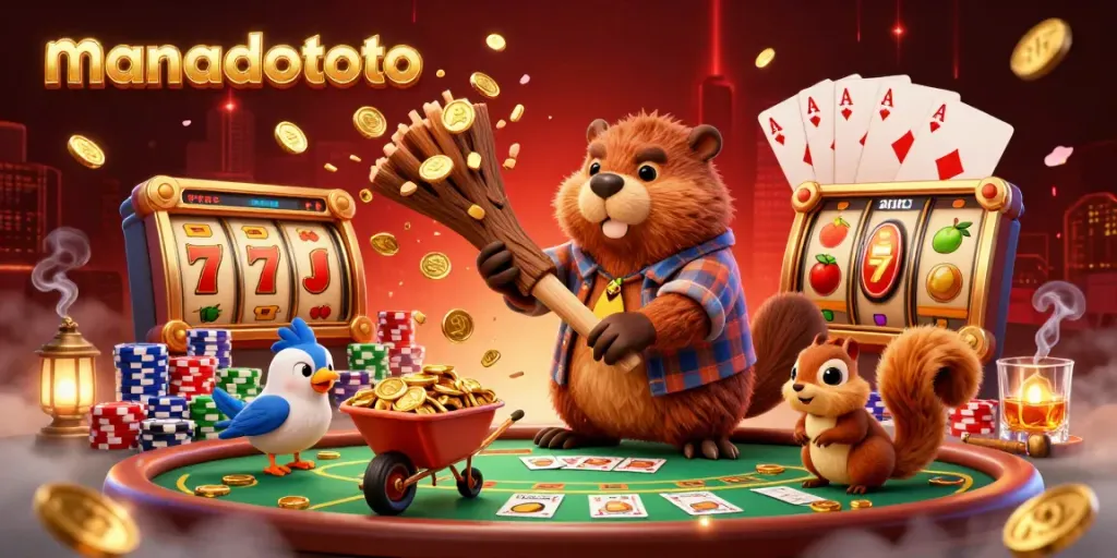 Engage in thrilling gameplay with manadototo as cartoon characters rain coins and bright casino elements surround them.