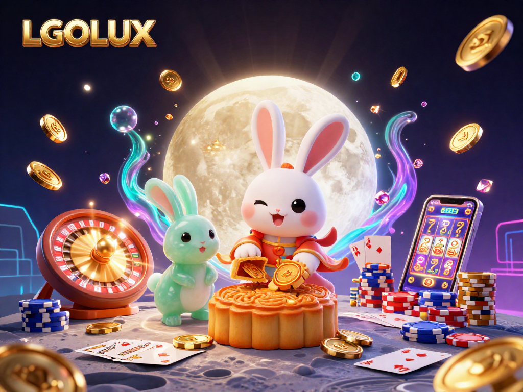 LGOLUX showcases an enchanting casino scene with a moon rabbit and poker elements.